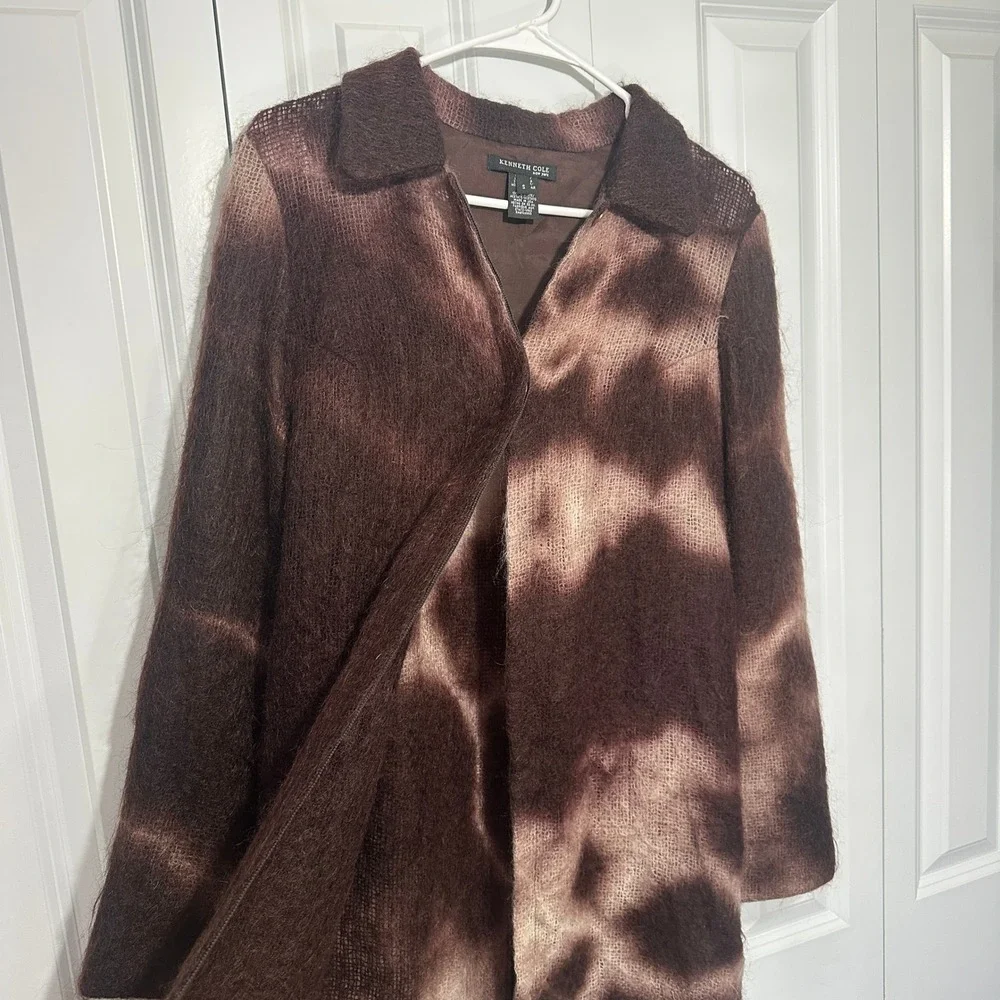 Kenneth Cole NY Mohair Wool Fuzzy Long Sweater Coat Brown Abstract Tie Dye Small